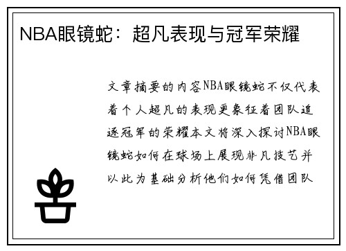 NBA眼镜蛇：超凡表现与冠军荣耀