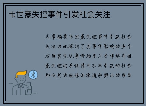 韦世豪失控事件引发社会关注